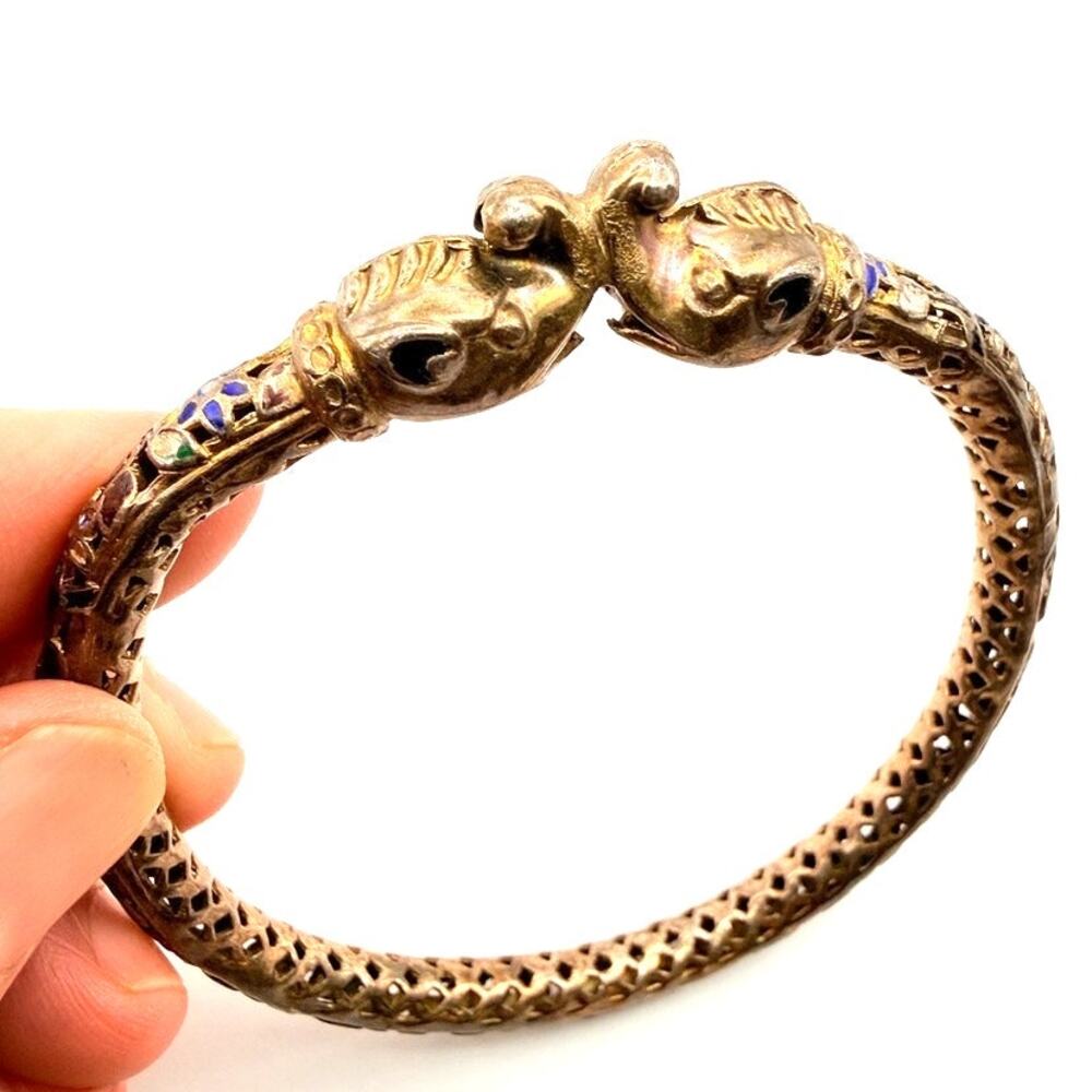 Vintage Sterling Silver Elephant Head Enamel Filigree Bangle Bracelet Thai 7.75